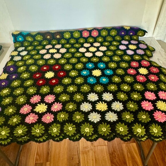 Vtg Multicolor Crochet Wild Flower Handmade Afghan Throw Blanket Wrap 60 x 64"